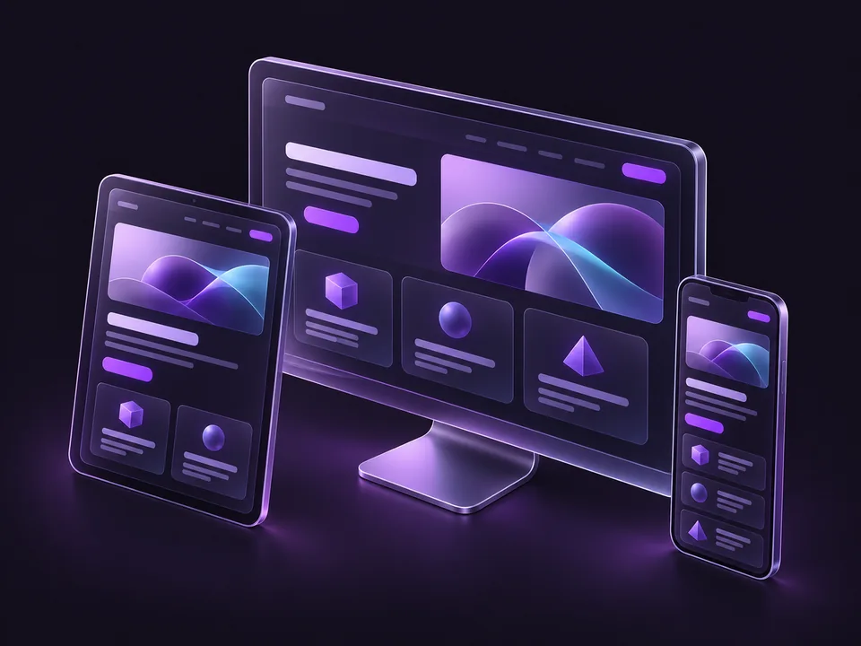 Website e aplicação em painéis 3D responsivos de computador, tablet e telemóvel.