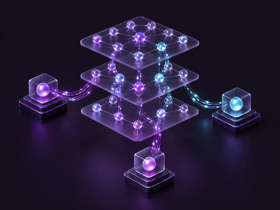 Rede neural 3D abstrata com agentes geométricos e dados a atravessar camadas de processamento.