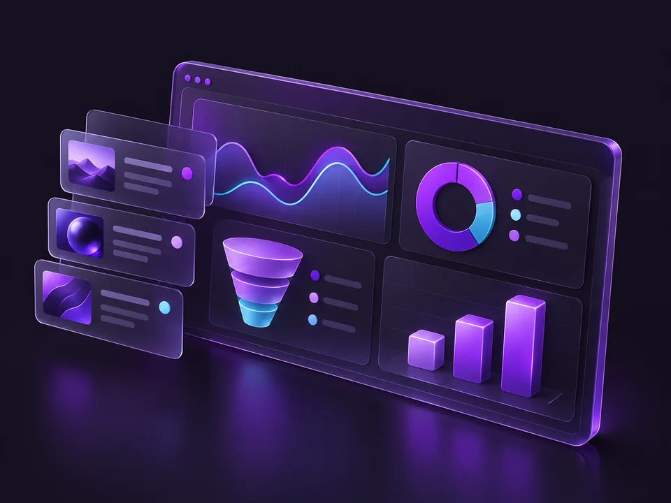 Dashboard 3D de campanhas digitais com gráficos e um funil de conversões ilustrativo.