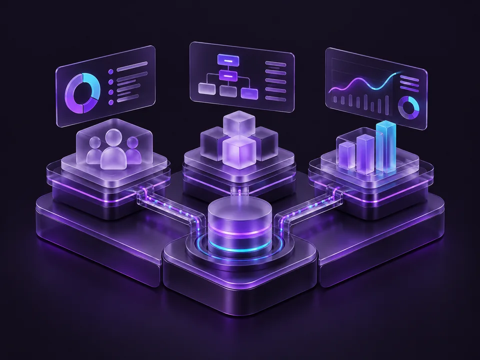 Plataforma empresarial 3D modular com blocos de CRM, ERP e dashboards interligados.