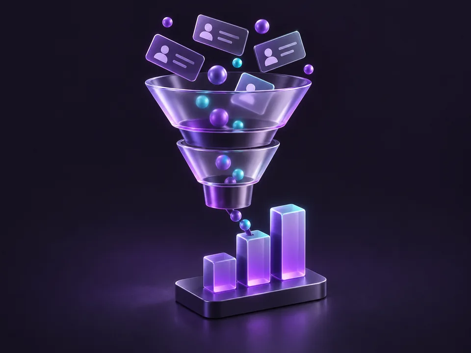 Funil de vendas 3D com contactos e oportunidades a convergir num gráfico de crescimento.